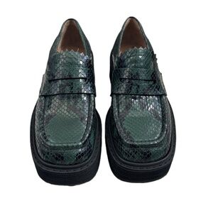 Marni Luxury Brand Shoes Green Snake Print Square Toe Platform Sole Loafers 35